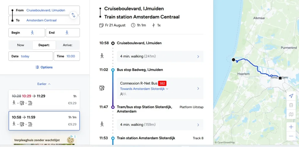 How to get from IJmuiden port to Amsterdam by public transport